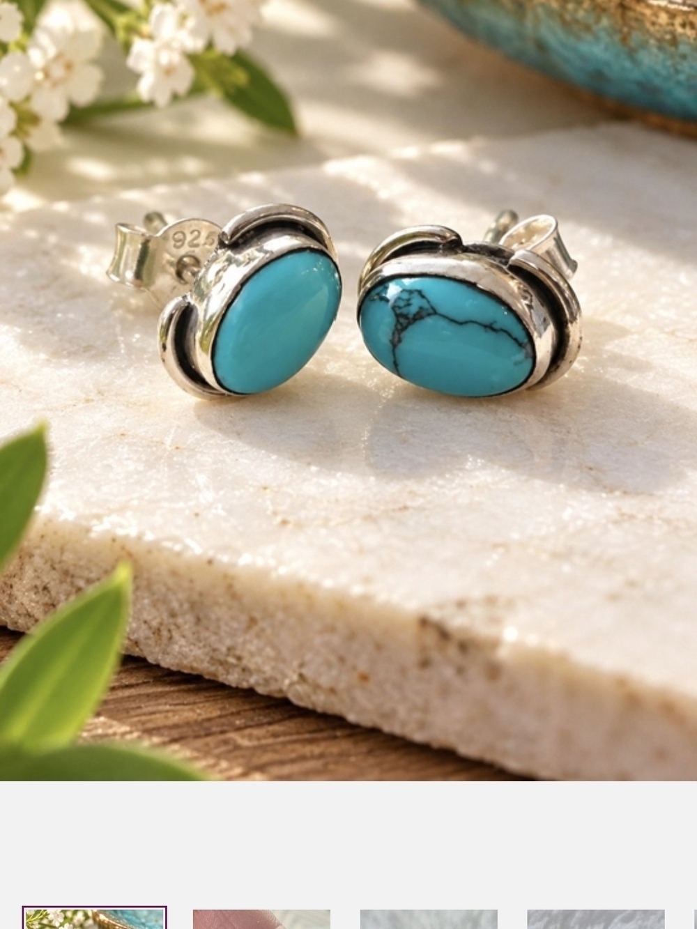 925 Sterling Silver Authentic  Turquoise Stud Earrings - Blue Stone